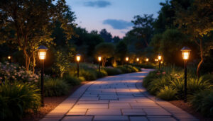 A photograph of a beautifully landscaped garden at dusk