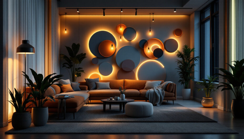 A photograph of a beautifully illuminated space featuring various styles of lighting strips