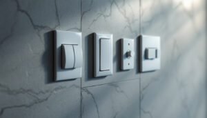 A photograph of a close-up shot of various types of light switches installed in a modern home setting
