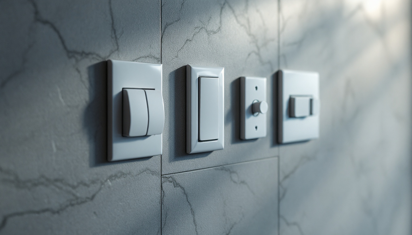 A photograph of a close-up shot of various types of light switches installed in a modern home setting
