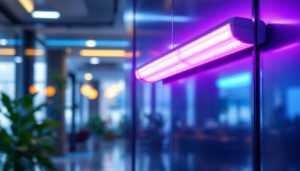 A photograph of a modern ultraviolet disinfection lamp in a well-lit indoor environment