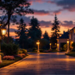 A photograph of a beautifully illuminated driveway featuring elegant light posts