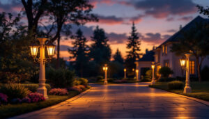 A photograph of a beautifully illuminated driveway featuring elegant light posts