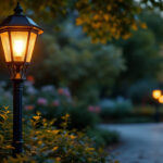 A photograph of a beautifully designed light post lamp illuminating a charming outdoor setting