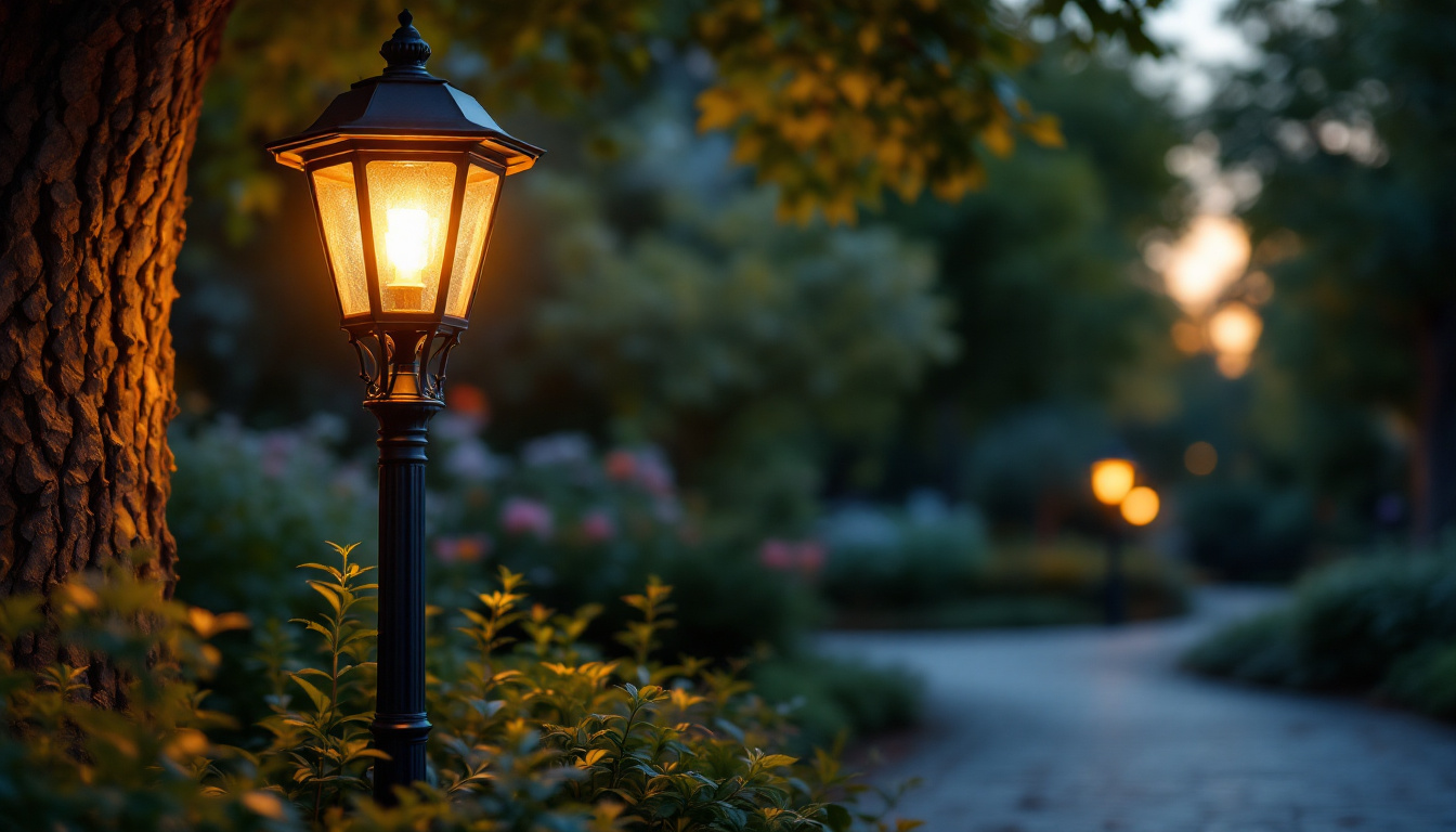 A photograph of a beautifully designed light post lamp illuminating a charming outdoor setting