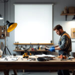 A photograph of a well-organized workspace featuring various types of shop lights