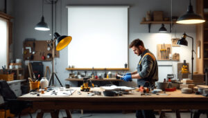 A photograph of a well-organized workspace featuring various types of shop lights