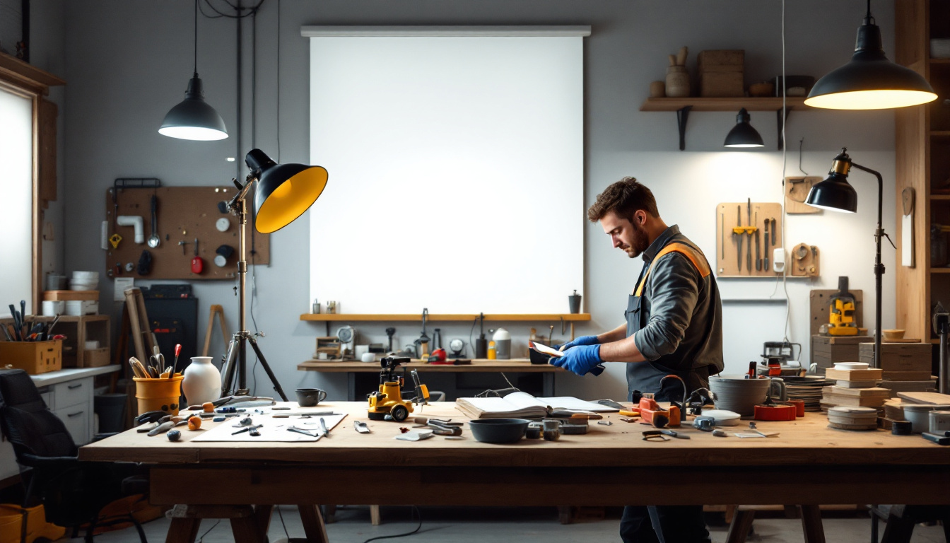 A photograph of a well-organized workspace featuring various types of shop lights