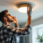 A photograph of a skilled lighting contractor installing a stylish ceiling light fixture in a modern home setting