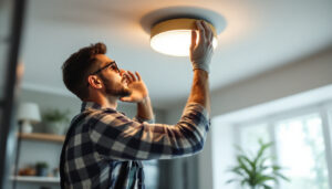 A photograph of a skilled lighting contractor installing a stylish ceiling light fixture in a modern home setting