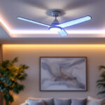 A photograph of a stylish acrylic ceiling fan installed in a modern living space