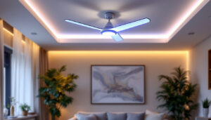 A photograph of a stylish acrylic ceiling fan installed in a modern living space