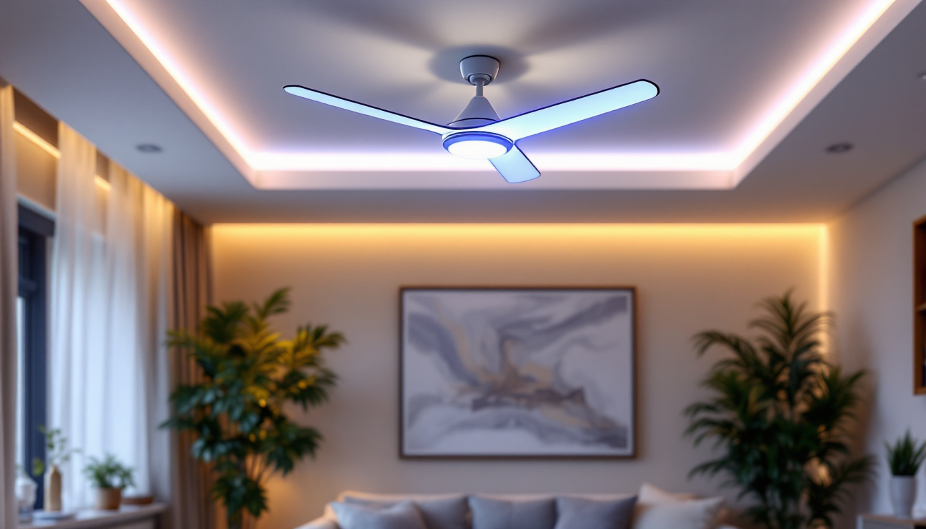 A photograph of a stylish acrylic ceiling fan installed in a modern living space