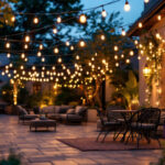 A photograph of a beautifully illuminated outdoor patio scene featuring stylish string lights draped overhead