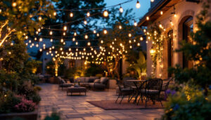 A photograph of a beautifully illuminated outdoor patio scene featuring stylish string lights draped overhead
