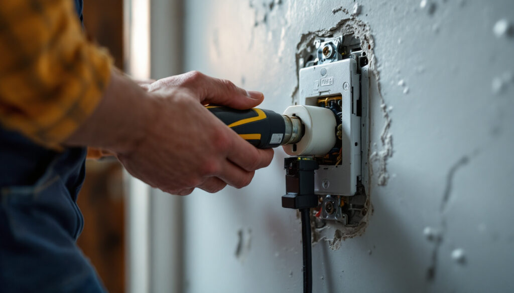 A photograph of an electrician installing an isolated ground receptacle in a residential or commercial setting