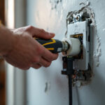 A photograph of an electrician installing an isolated ground receptacle in a residential or commercial setting
