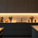 A photograph of a beautifully designed kitchen showcasing under cabinet lighting in action