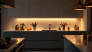 A photograph of a beautifully designed kitchen showcasing under cabinet lighting in action
