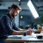 A photograph of a lighting contractor using cilling light technology in a modern workspace