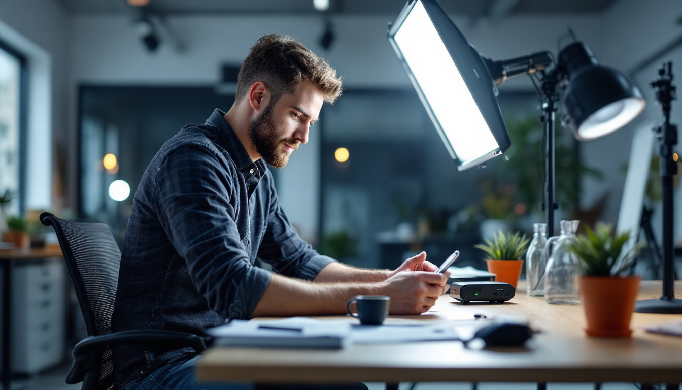 A photograph of a lighting contractor using cilling light technology in a modern workspace