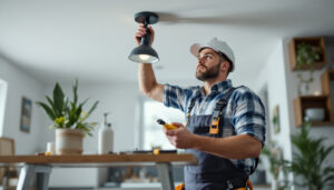 A photograph of a lighting contractor installing a ceiling light mounting bracket in a modern home setting