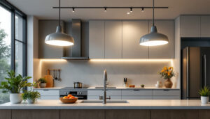 A photograph of a modern kitchen featuring stylish led ceiling lights that illuminate the space effectively