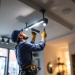 A photograph of a skilled lighting contractor installing track ceiling lights in a modern interior space