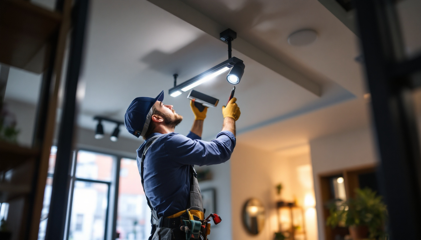 A photograph of a skilled lighting contractor installing track ceiling lights in a modern interior space