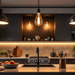 A photograph of a beautifully designed kitchen featuring stylish ceiling lights that illuminate the space