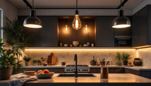 A photograph of a beautifully designed kitchen featuring stylish ceiling lights that illuminate the space