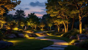 A photograph of a beautifully illuminated garden or outdoor space at dusk