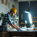 A photograph of a well-lit workspace featuring a fluorescent lamp with a diffuser in action