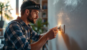 A photograph of a lighting contractor installing or inspecting modern electrical outlets in a residential setting