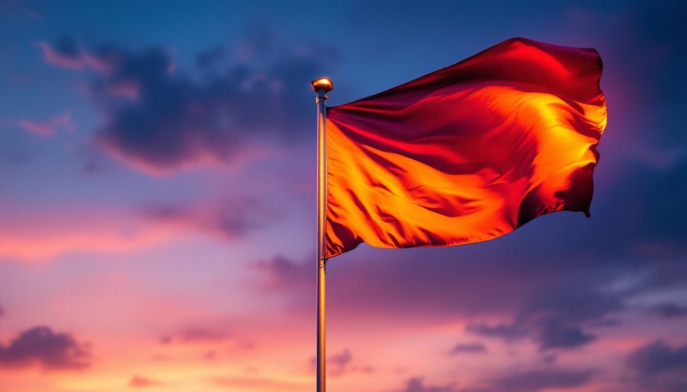A photograph of a flagpole illuminated by solar lights at dusk