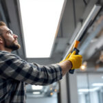 A photograph of a skilled lighting contractor expertly installing flat panel lights in a modern interior space