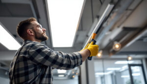 A photograph of a skilled lighting contractor expertly installing flat panel lights in a modern interior space