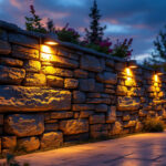 A photograph of a beautifully illuminated solar retaining wall at dusk