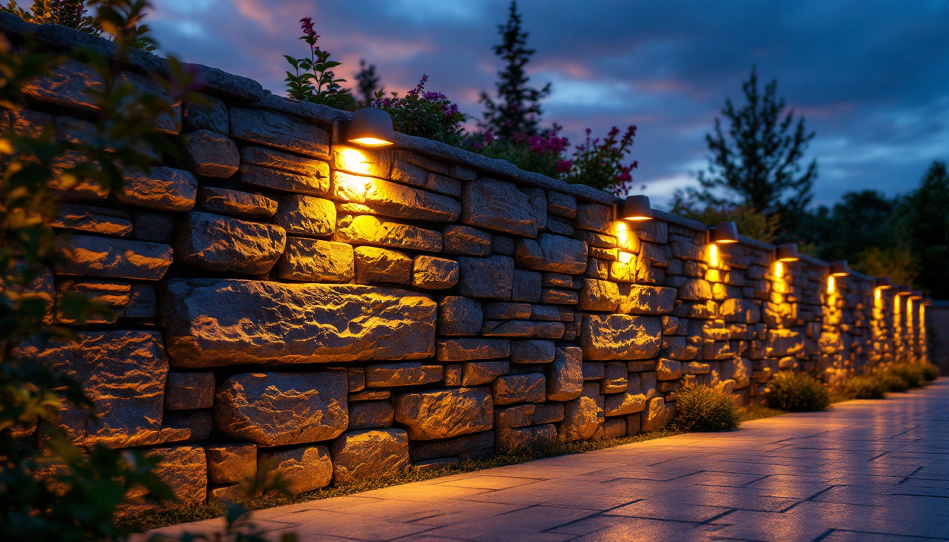 A photograph of a beautifully illuminated solar retaining wall at dusk