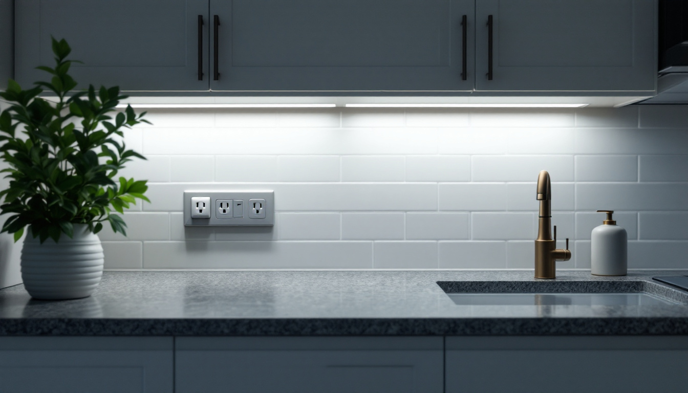 A photograph of a beautifully lit kitchen showcasing under cabinet lighting illuminating the countertop