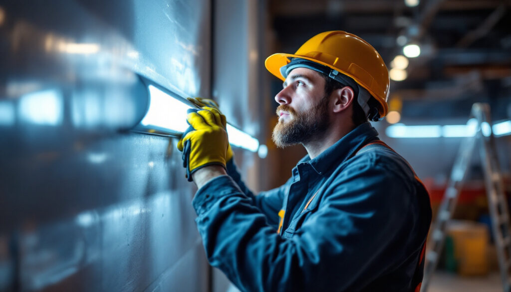A photograph of a lighting contractor inspecting a freezer light installation