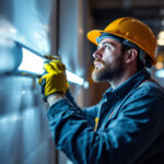 A photograph of a lighting contractor inspecting a freezer light installation