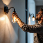 A photograph of a skilled lighting contractor installing a stylish light sconce in a modern interior setting