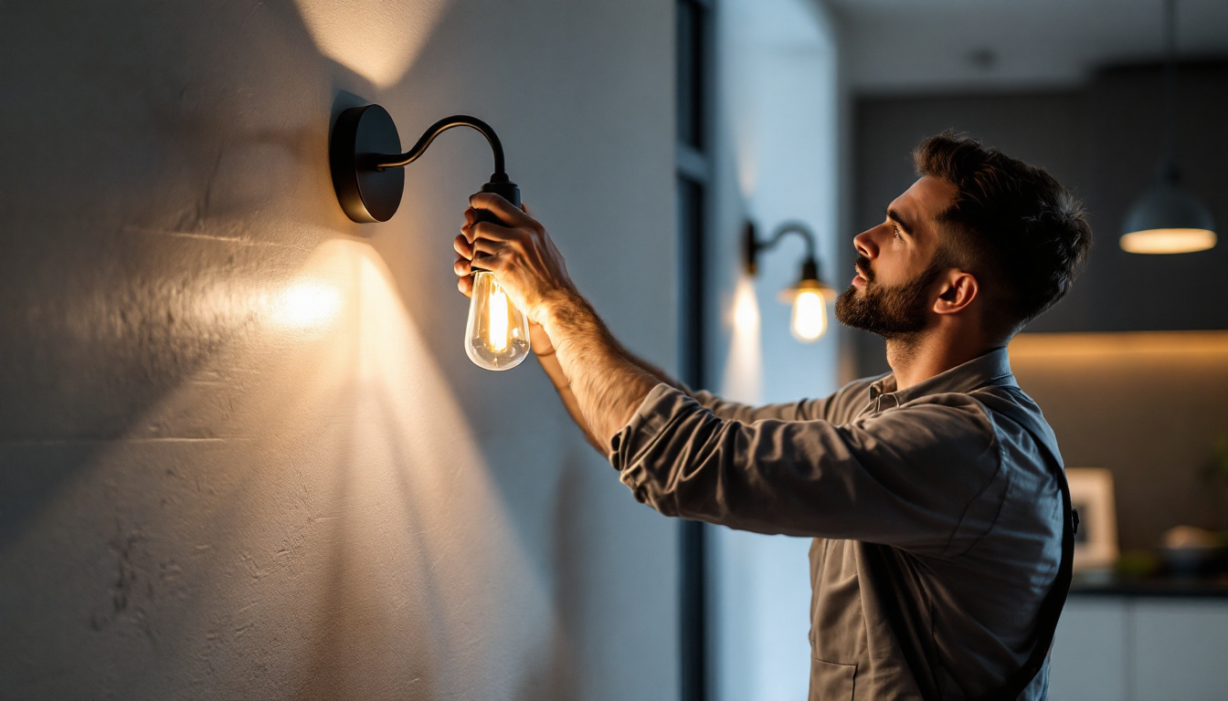 A photograph of a skilled lighting contractor installing a stylish light sconce in a modern interior setting