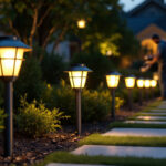 A photograph of a well-lit outdoor scene featuring a variety of stylish pathway solar lights illuminating a landscaped walkway