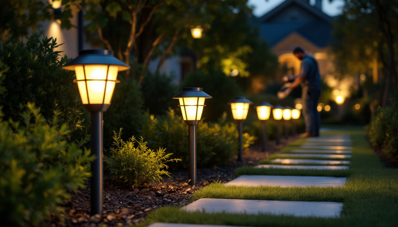 A photograph of a well-lit outdoor scene featuring a variety of stylish pathway solar lights illuminating a landscaped walkway
