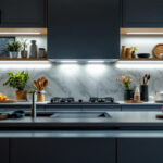 A photograph of a beautifully designed kitchen cabinet illuminated with sleek strip lighting