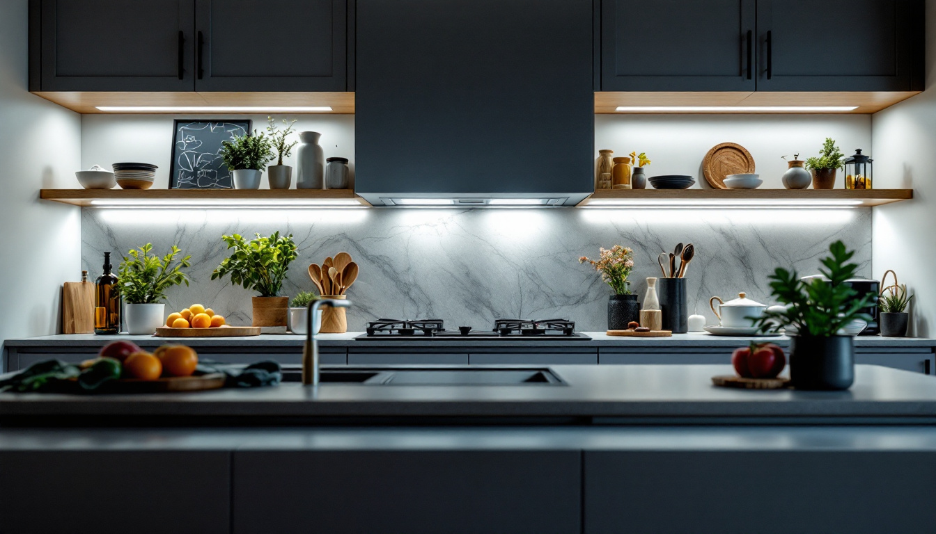 A photograph of a beautifully designed kitchen cabinet illuminated with sleek strip lighting