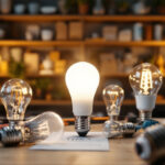 A photograph of a well-lit workspace featuring a variety of type a bulbs in different styles and wattages
