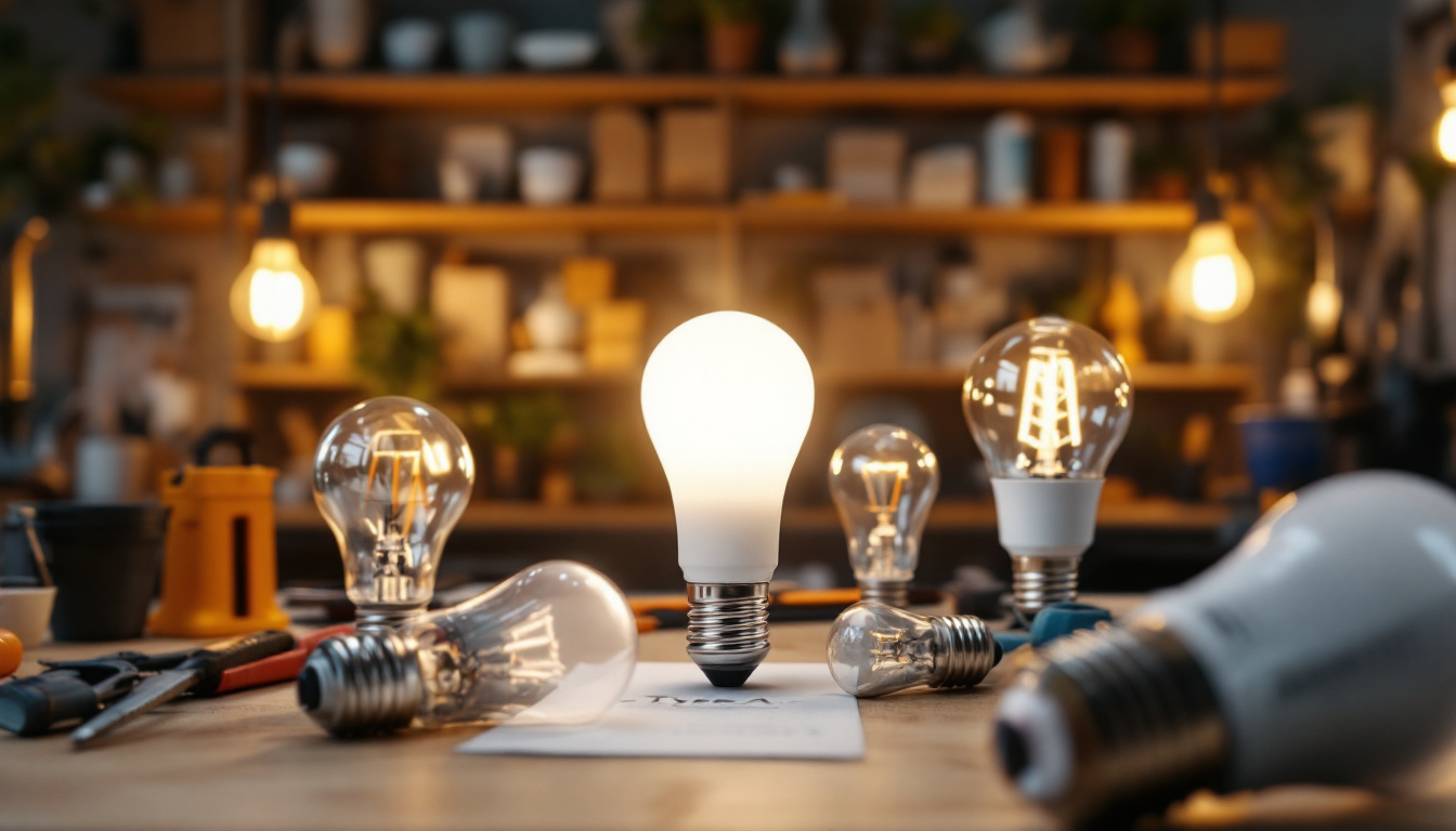 A photograph of a well-lit workspace featuring a variety of type a bulbs in different styles and wattages